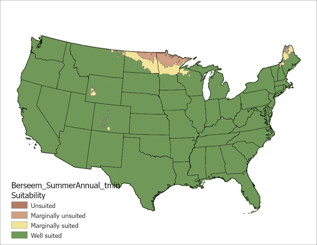 Berseem Clover Temperature Minimum US Map