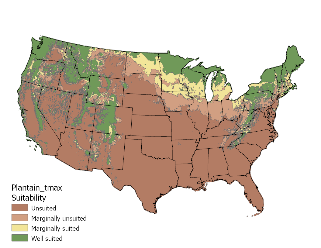 Narrow-Leafed Plantain Temperature Maximum US Map