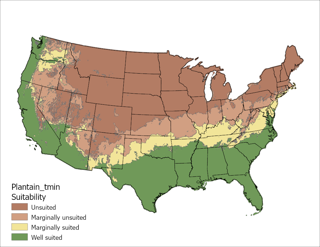 Narrow-Leafed Plantain Temperature Minimum US Map
